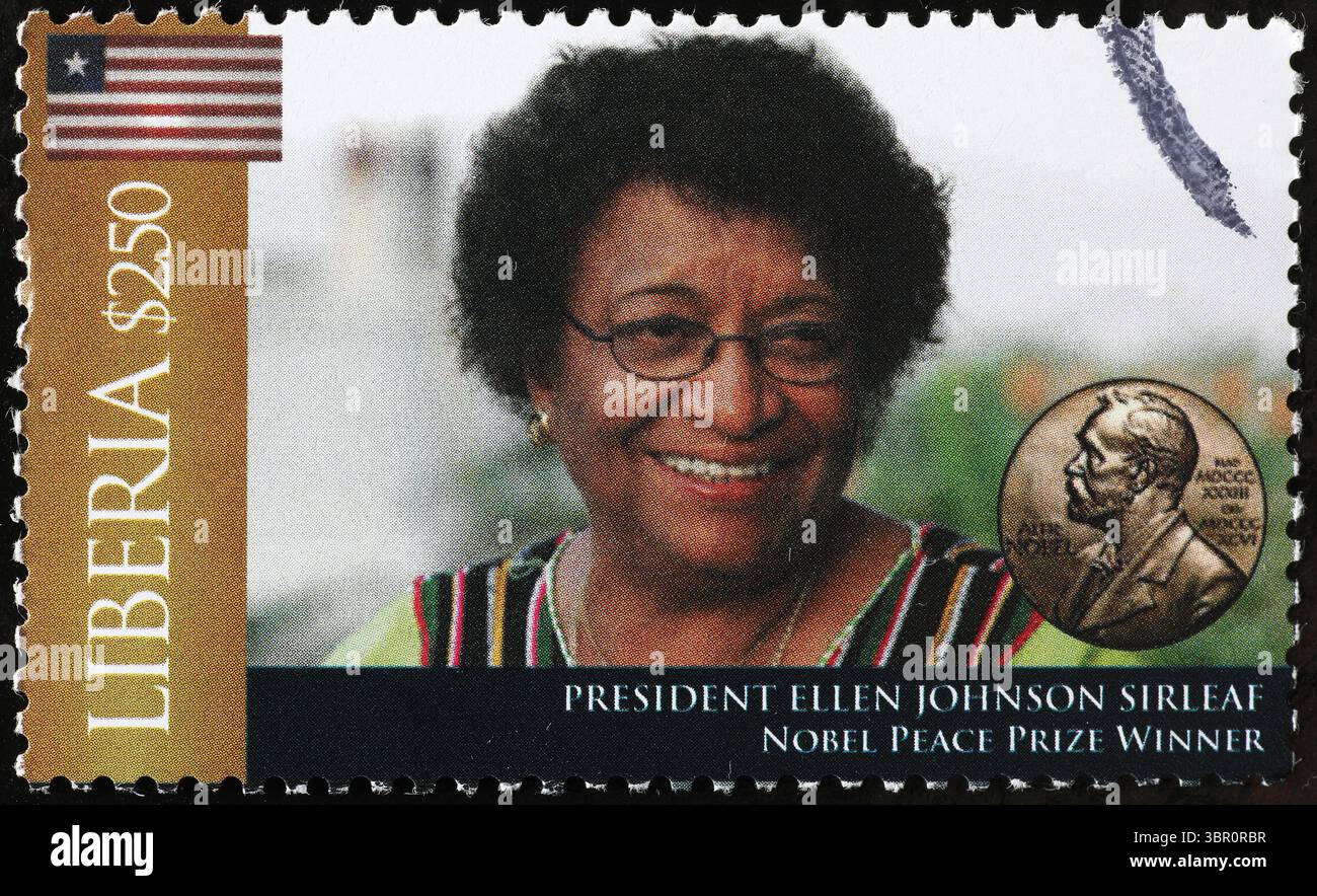 Le prix Nobel de la paix Ellen Johnson Sirleaf sur un timbre du Liberia Banque D'Images