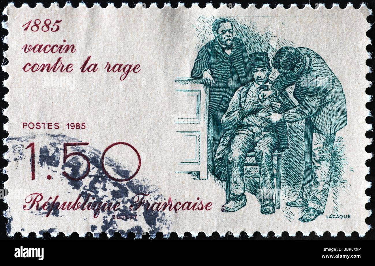 Vaccin antirabique trouvé en 1885 célébré sur timbre-poste Banque D'Images