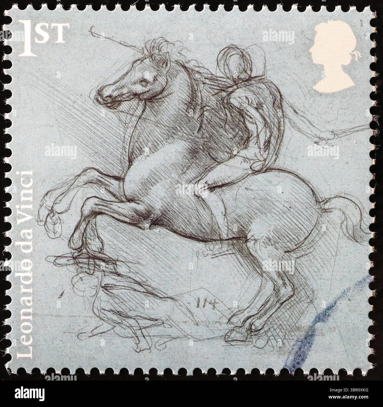 Croquis d'un chevalier dessiné par Léonard de Vinci sur timbre-poste Banque D'Images
