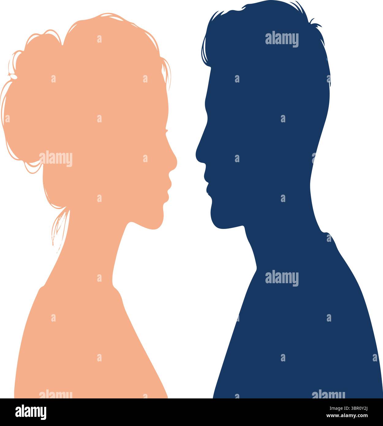 Silhouettes minimalistes frappantes d'un homme et d'une femme se faisant face de profil, symbolisant la connexion, la communication, la dynamique relationnelle Illustration de Vecteur