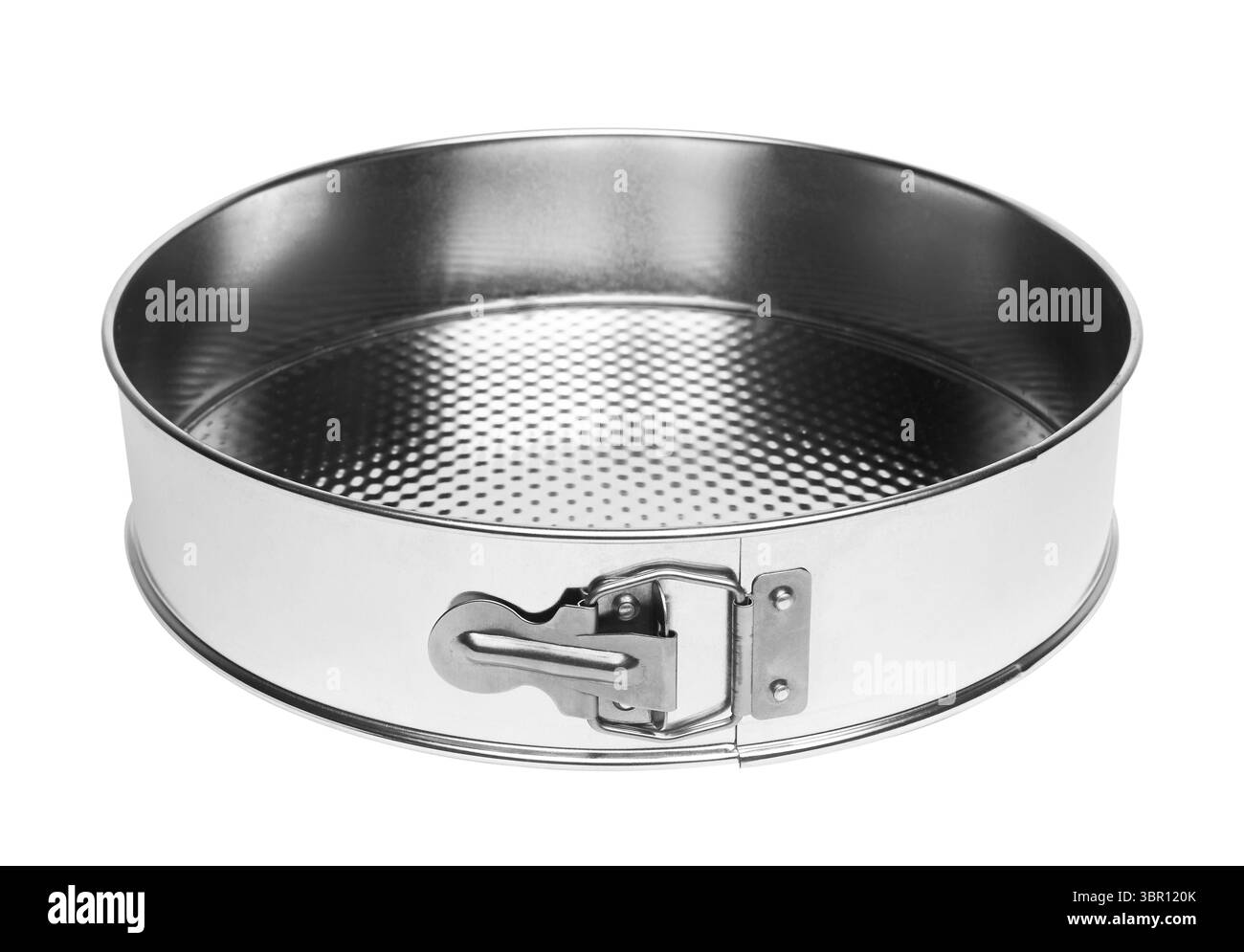 Moule de cuisson rond en acier inoxydable, isolé sur fond blanc Banque D'Images