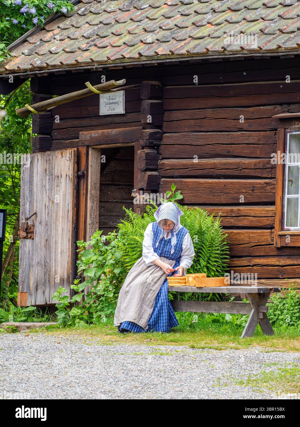 Sodertalje, Suède - 6 juin 2025 : une femme en tenue traditionnelle suédoise est assise sur un banc à l'extérieur d'une maison rustique en bois, engagée dans la préparation de nourriture, Banque D'Images