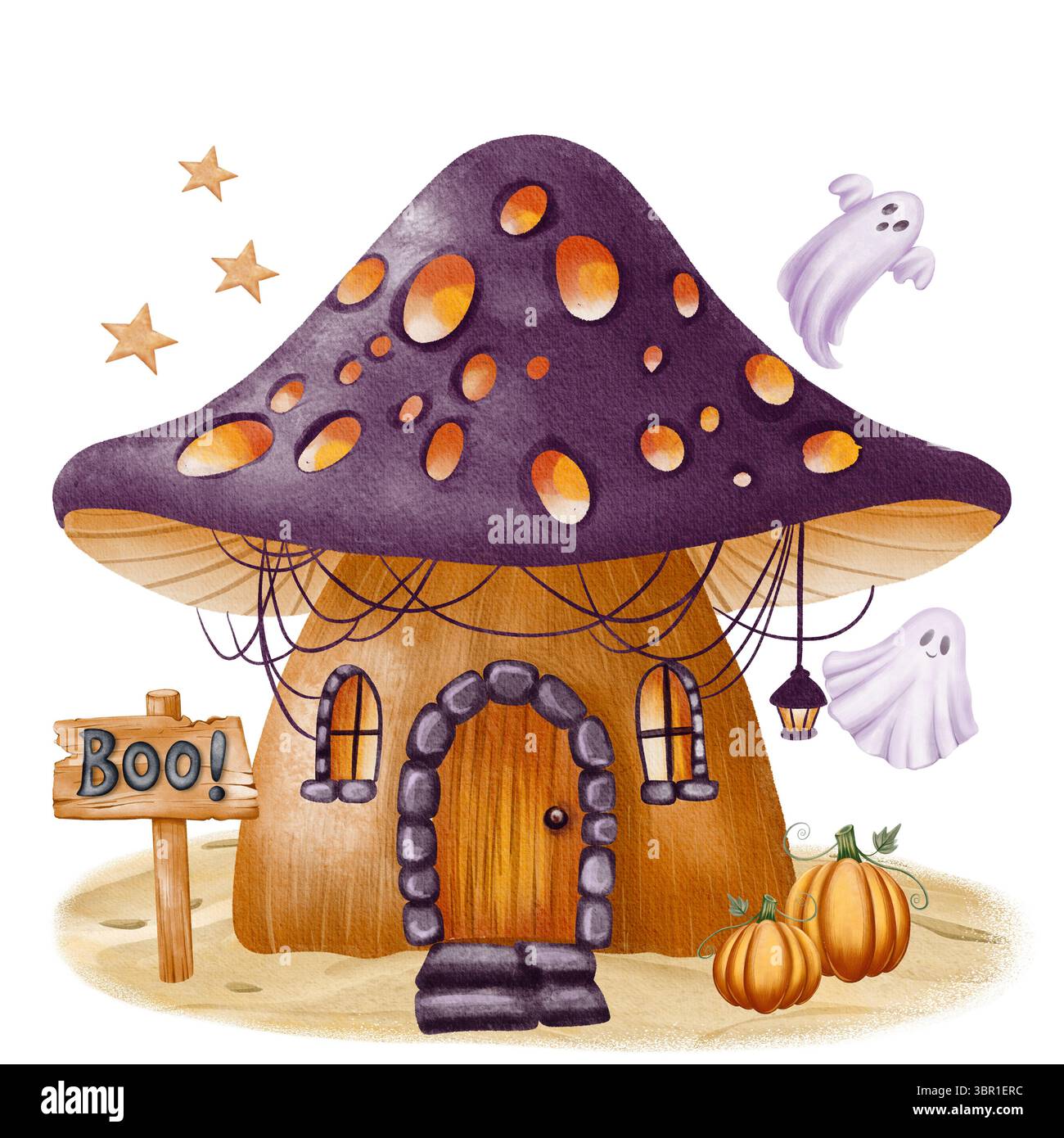 Illustration aquarelle d'une maison de champignons d'Halloween avec toit pourpre tacheté, fenêtres incandescentes, fantômes, citrouilles, toile d'araignée, lanterne et bois 'Boo Banque D'Images
