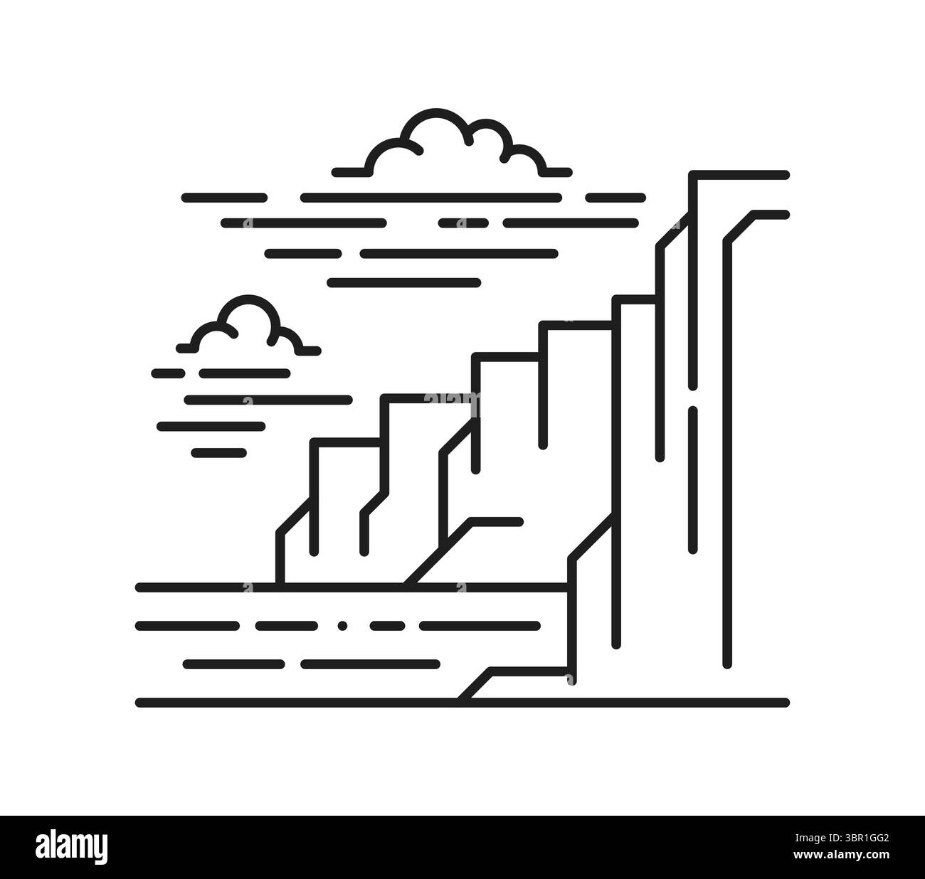 Icône de ligne de paysage, flanc de falaise linéaire vectoriel noir et blanc, littoral montagneux avec des formations rocheuses en couches, eau calme et nuages au-dessus. Art abstrait de ligne de trait de roches abruptes et de nuages Illustration de Vecteur