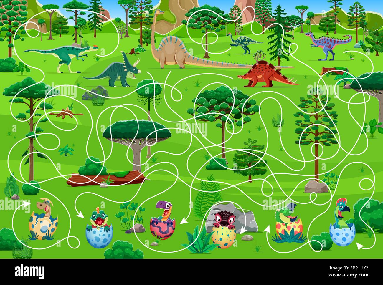 Jeu de labyrinthe pour enfants. Aidez les mères de dinosaures à trouver leurs œufs. Labyrinthe chemin de recherche enfants devinette ou feuille de calcul vectorielle labyrinthe avec diplodocus, wuerhosaurus, alectrosaurus dinosaures personnages mignons Illustration de Vecteur