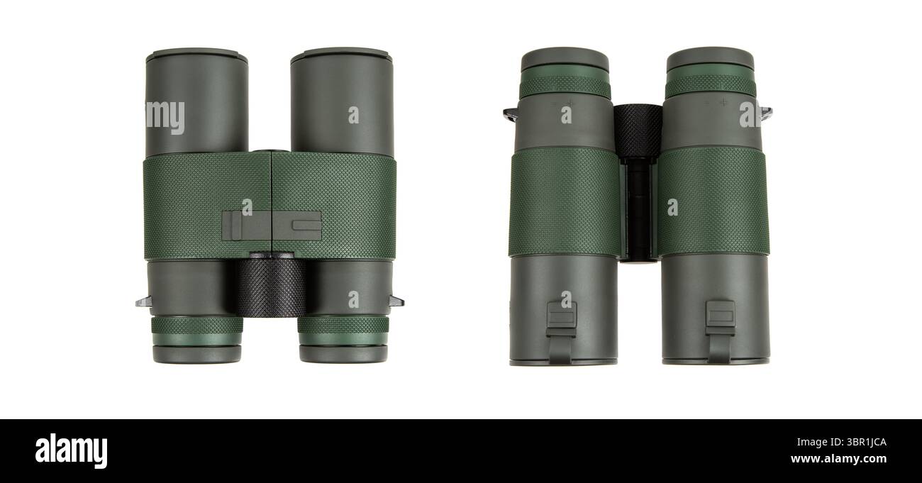 Jumelles tactiques vertes avec corps en caoutchouc, capuchons à double objectif et bouton de mise au point central pour une utilisation en extérieur ou militaire. Banque D'Images