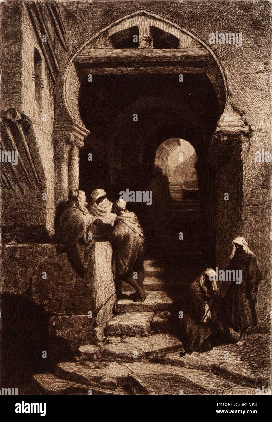 « Devil’s Way, Alger », gravure d’après Adolphe Mouilleron par Stephen James Ferris, vers 1879. La scène représente des personnages rodés se rassemblant près d'une arche de pierre ombragée et d'un escalier dans une ruelle historique algérienne, évoquant une atmosphère dramatique et sombre de lumière et d'ombre. Banque D'Images