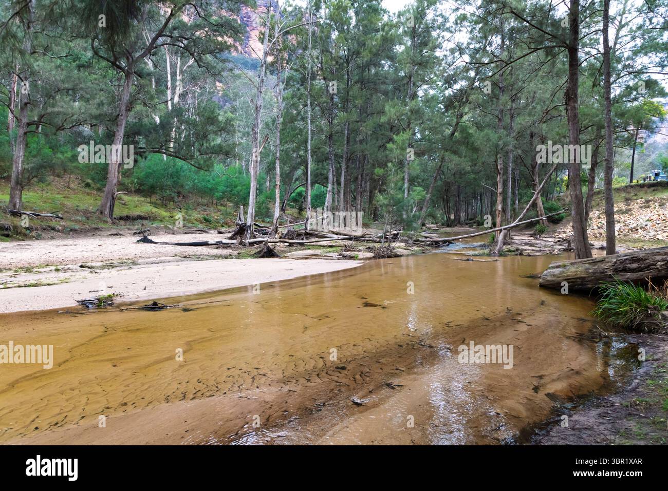 Photographie de la rivière Capertee à des niveaux très bas traversant la vallée de Capertee après des dégâts importants causés par les inondations dans le parc national de Wollemi. Banque D'Images