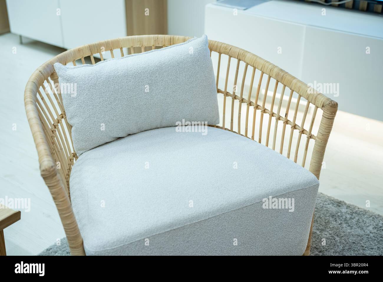 Intérieur moderne ou chaise en osier de patio avec coussins Banque D'Images