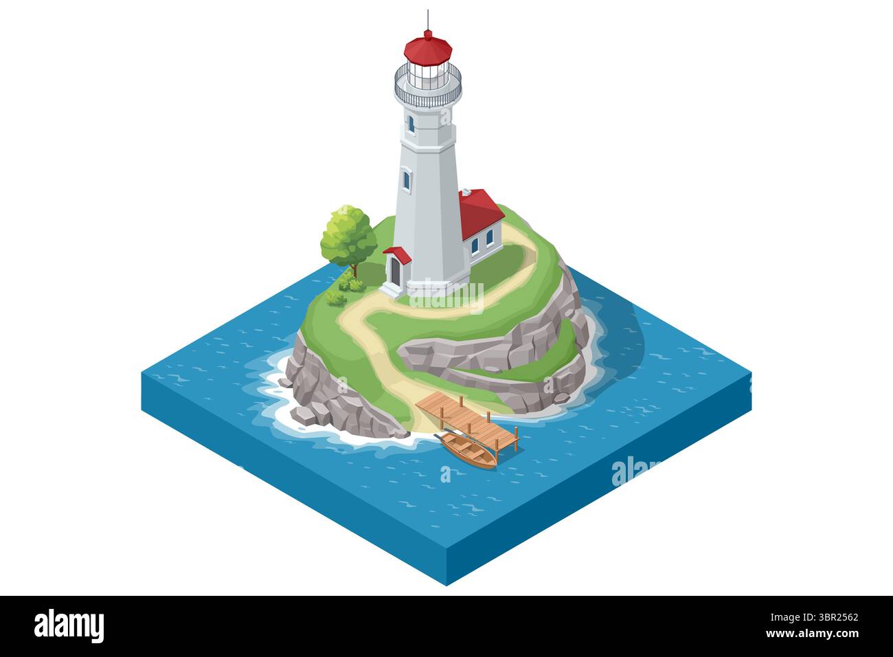 Une vue isométrique d'un charmant phare et d'une petite maison sur une île verdoyante et rocheuse, avec une jetée en bois et un bateau au bord de la mer bleue calme. Illustration de Vecteur