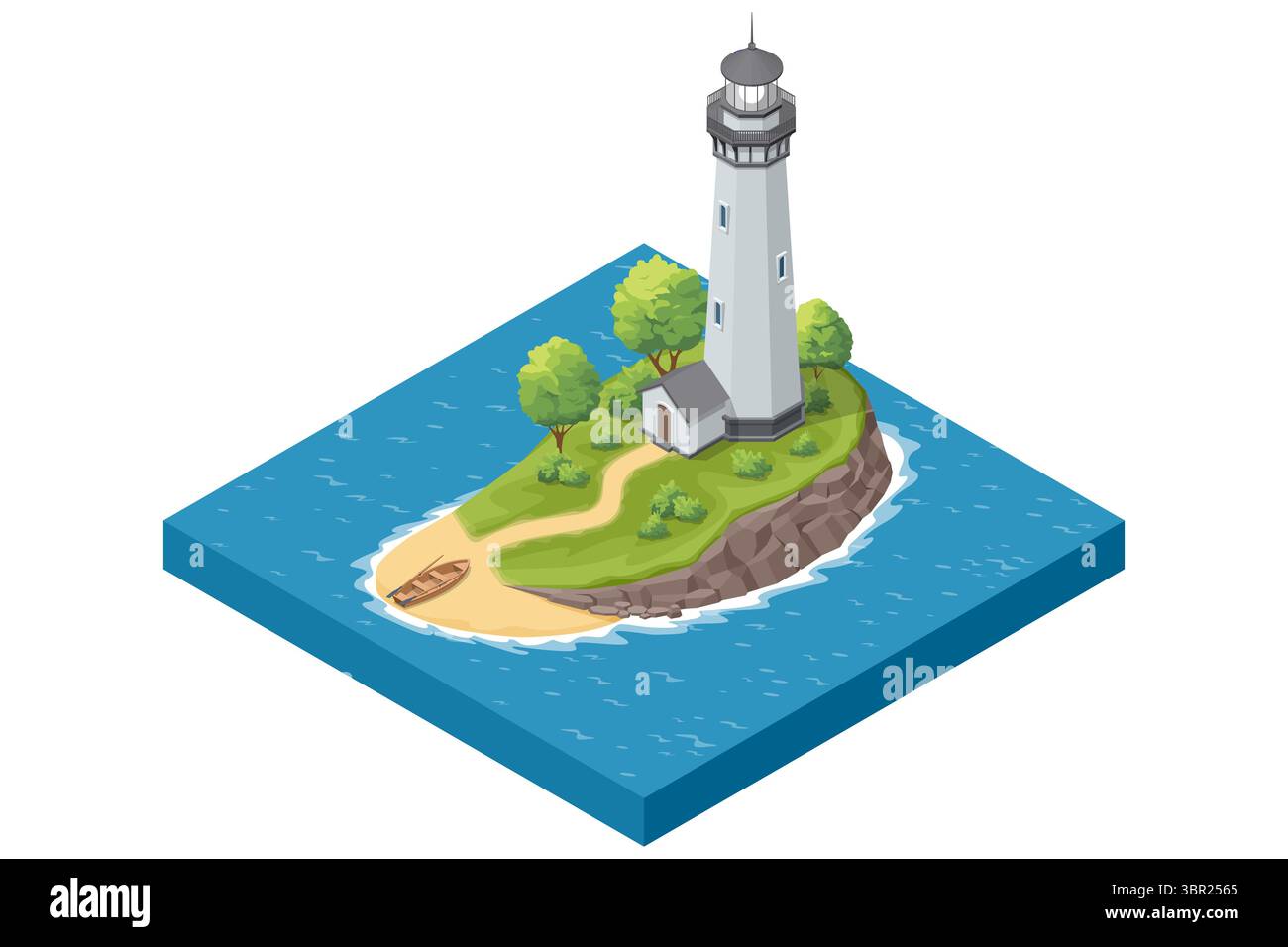 Une vue isométrique d'un charmant phare et d'une petite maison sur une île verdoyante et rocheuse, avec une jetée en bois et un bateau au bord de la mer bleue calme. Illustration de Vecteur
