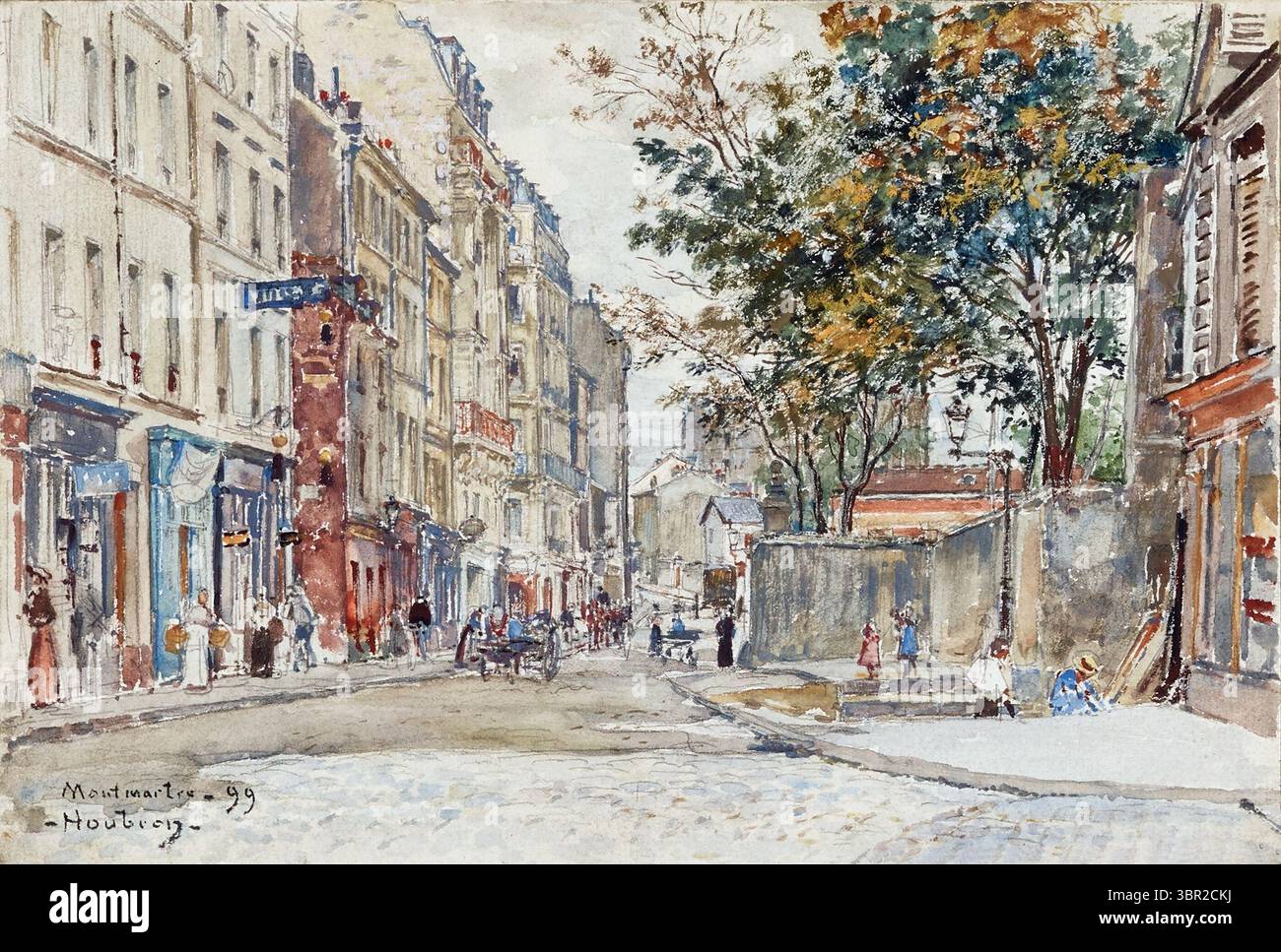 Peinture en Gouache, aquarelle, crayon. Rue Hermel à Montmartre, en 1899. Paris France de l'artiste français Frédéric Anatole Houbron, oeuvre d'art imprimé vintage, scène de rue parisienne de la fin du XIXe siècle Banque D'Images