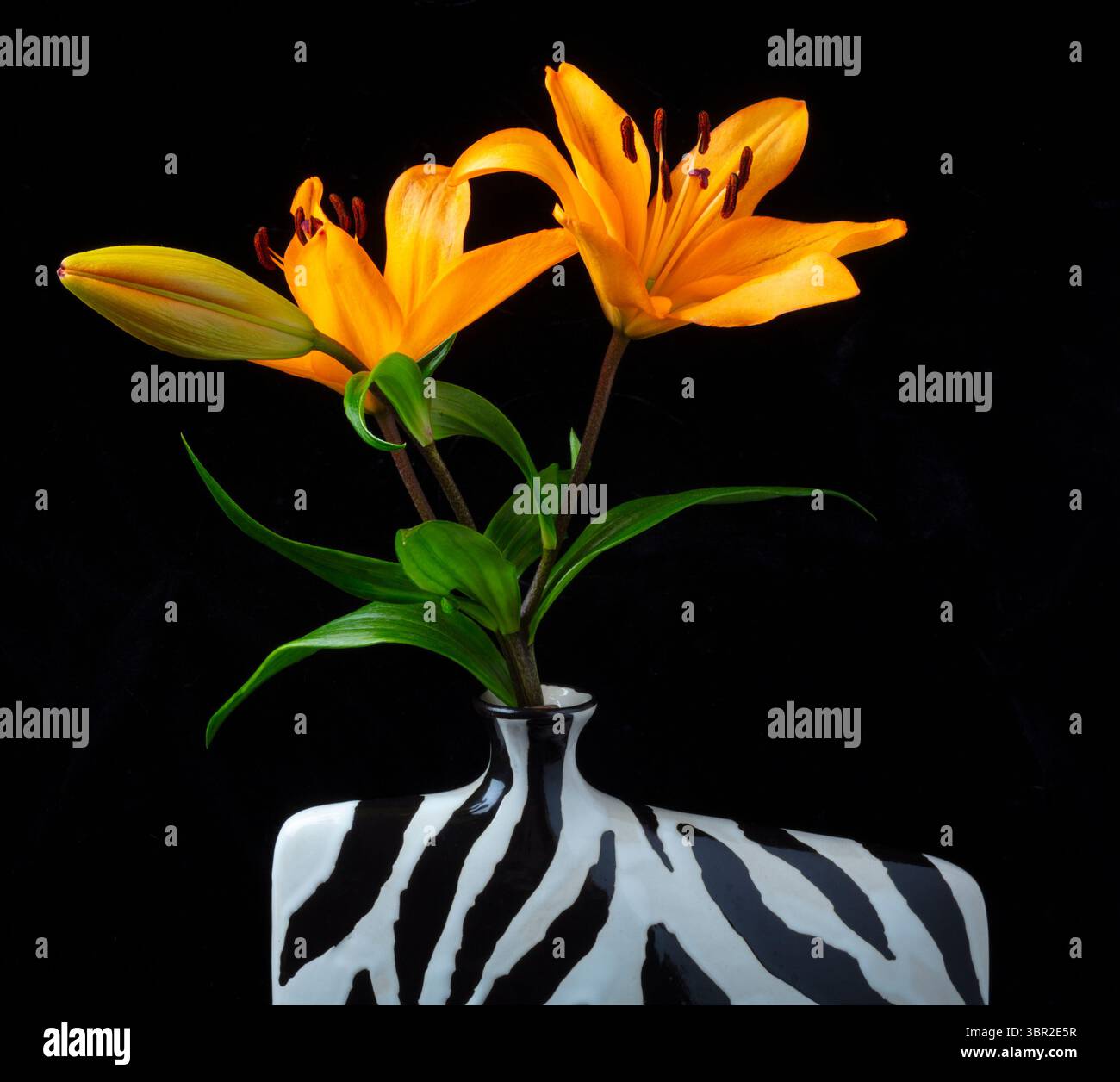 Lys oranges tigre dans un vase rayé Banque D'Images