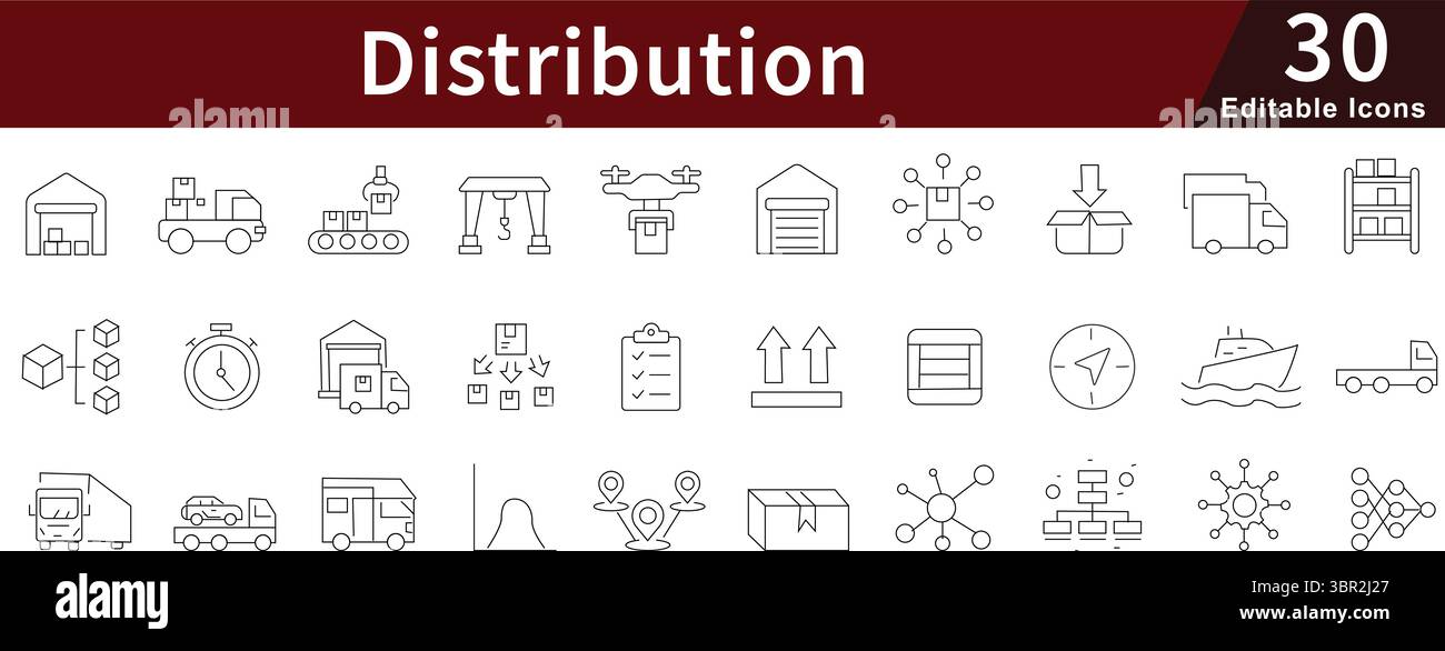 Icônes de ligne modifiables de distribution définies pour la logistique, la chaîne d'approvisionnement et les services de livraison de produits Illustration de Vecteur