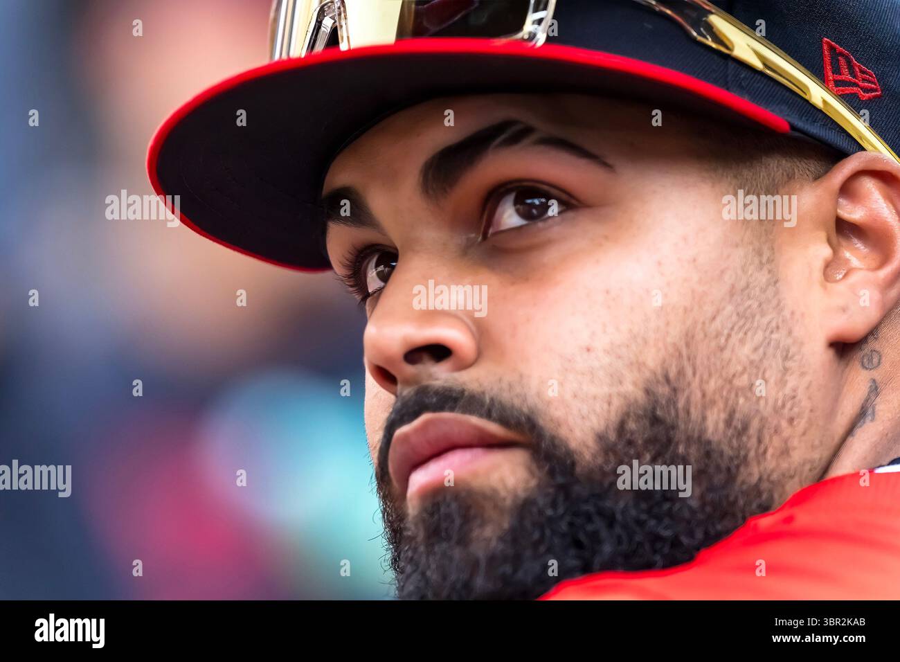 Cleveland, Ohio, États-Unis. 5 juillet 2025. JOHNATHAN RODRÃ GUEZ (30), outfielder des Gardiens de Cleveland, est assis dans la dugout avant le match contre les Tigers de Detroit en visite au progressive Field à CLEVELAND, OHIO. (Crédit image : © Walter G. Arce Sr./ASP via ZUMA Press Wire) USAGE ÉDITORIAL SEULEMENT ! Non destiné à UN USAGE commercial ! Banque D'Images