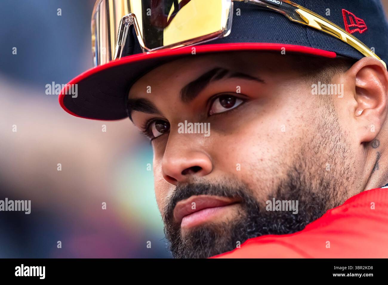 Cleveland, Ohio, États-Unis. 5 juillet 2025. JOHNATHAN RODRÃ GUEZ (30), outfielder des Gardiens de Cleveland, est assis dans la dugout avant le match contre les Tigers de Detroit en visite au progressive Field à CLEVELAND, OHIO. (Crédit image : © Walter G. Arce Sr./ASP via ZUMA Press Wire) USAGE ÉDITORIAL SEULEMENT ! Non destiné à UN USAGE commercial ! Banque D'Images