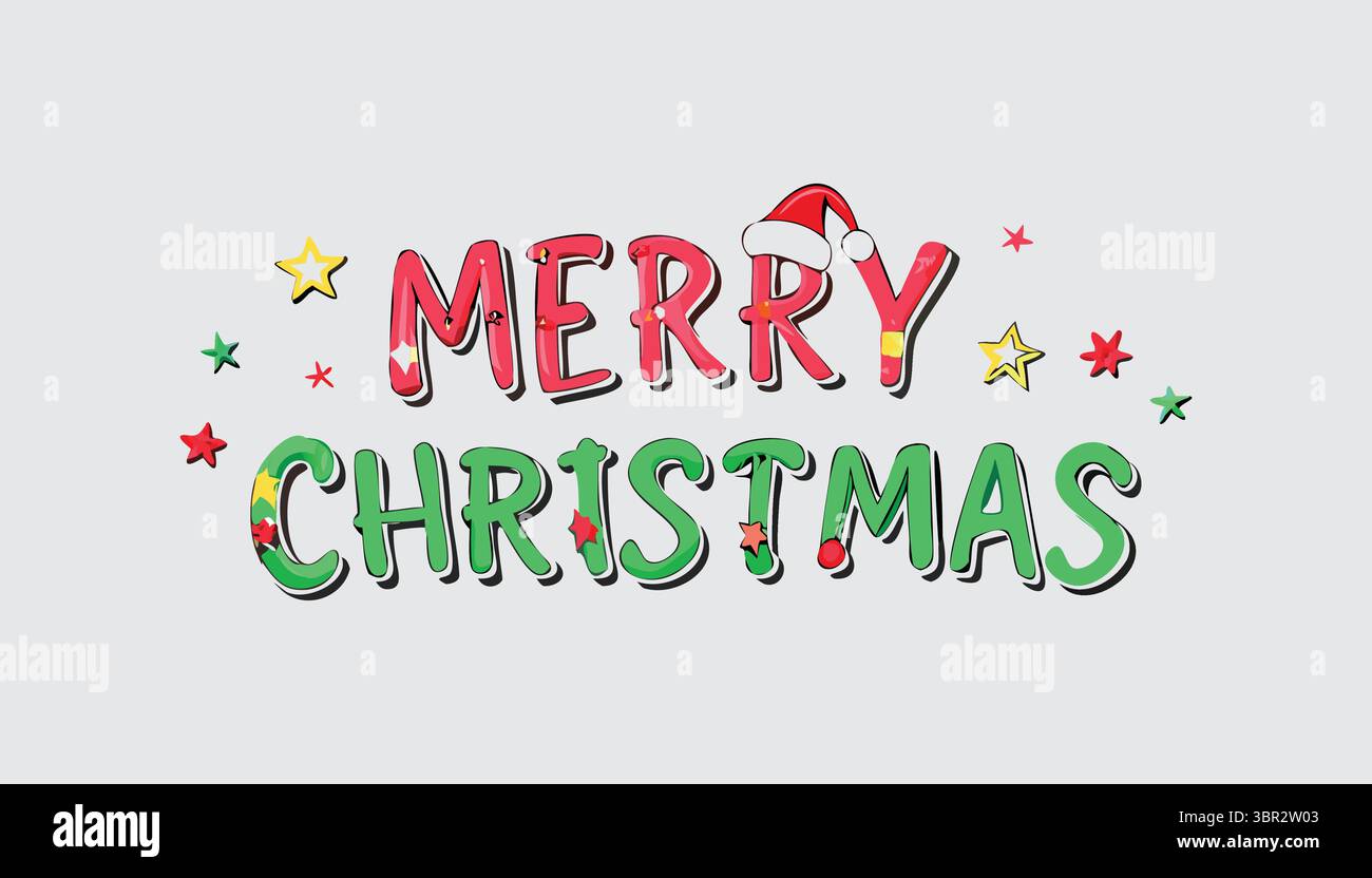 « Texte coloré « Merry Christmas » avec étoiles et chapeau de Père Noël » Illustration de Vecteur