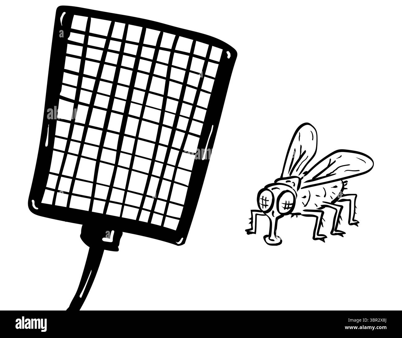 Illustration de style de dessin animé d'un swatter de mouche et mouche domestique étant swatté sur fond isolé fait en noir et blanc. Illustration de Vecteur