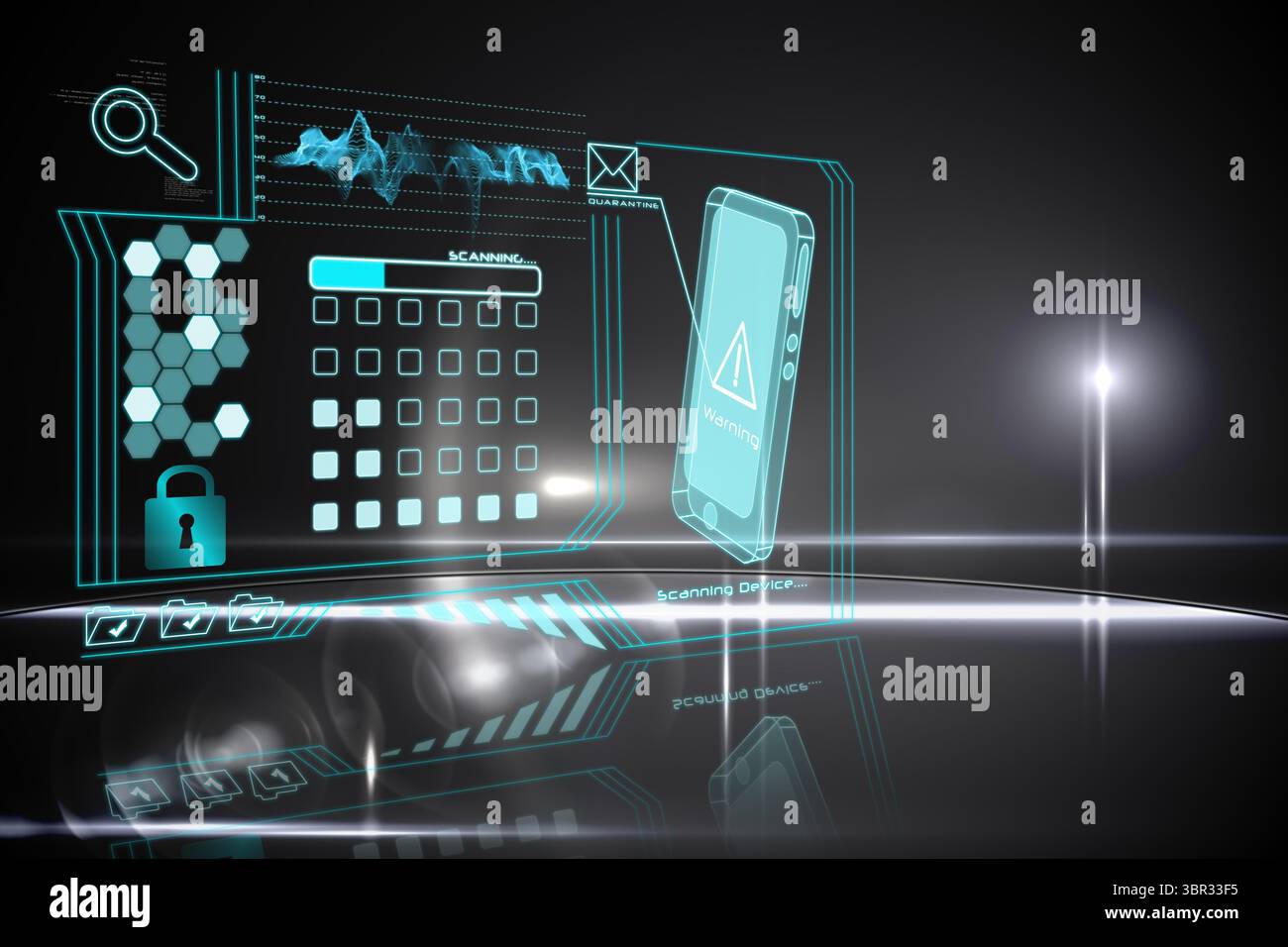 Scanner holographique futuriste UI brillant sur un sol brillant, montrant une icône d'avertissement et une grille Banque D'Images