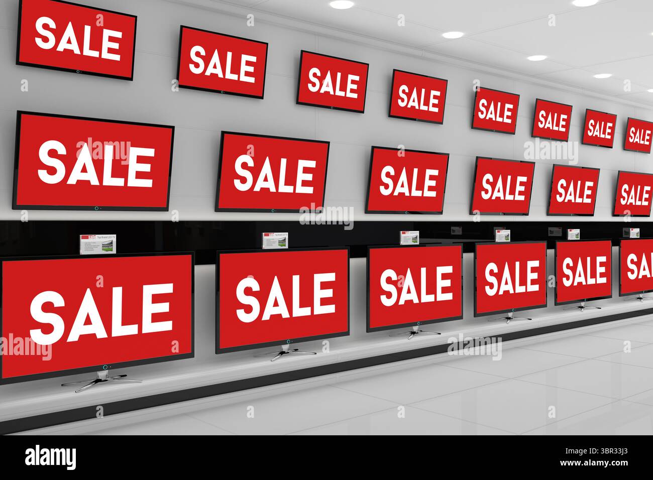 La salle d'exposition de l'électronique au design plat présente une grille de téléviseurs à écran plat avec des affiches DE VENTE rouges Banque D'Images
