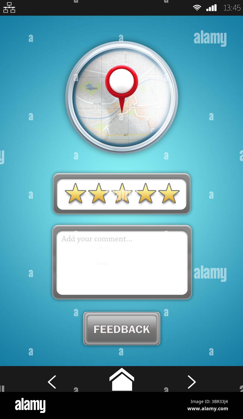 L'interface utilisateur à rétroaction plate affiche l'épingle de la carte, le classement par étoiles, la zone de commentaire et le bouton sur un dégradé bleu Banque D'Images