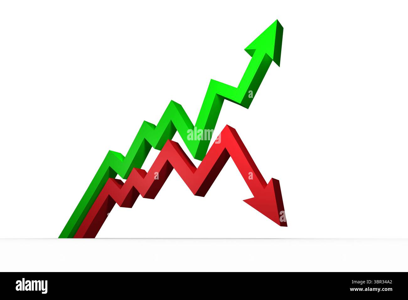 Deux flèches en zigzag 3D émergent du bas sur fond blanc, avec une tendance verte vers le haut, rouge vers le bas Banque D'Images