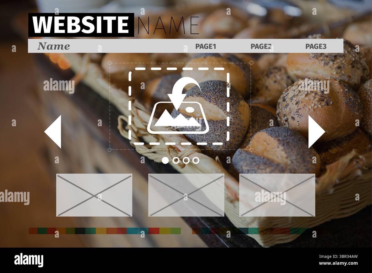 Le panier plat affiche des petits pains ensemencés sur le comptoir avec des flèches d'en-tête de maquette de site Web Banque D'Images