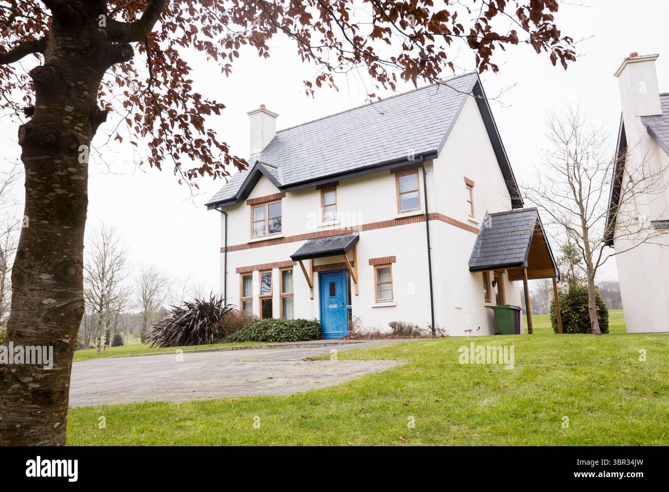 La maison individuelle de deux étages repose dans un design plat, montrant la porte bleue, l'allée courbe, la pelouse verte Banque D'Images