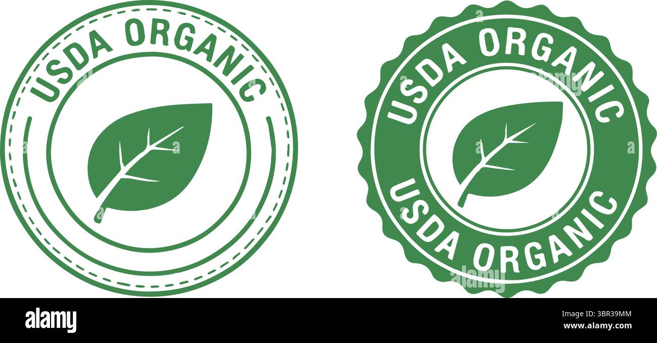 Badges de certification biologique USDA avec vecteur d'éco-étiquette de conception de feuille sur fond blanc Illustration de Vecteur