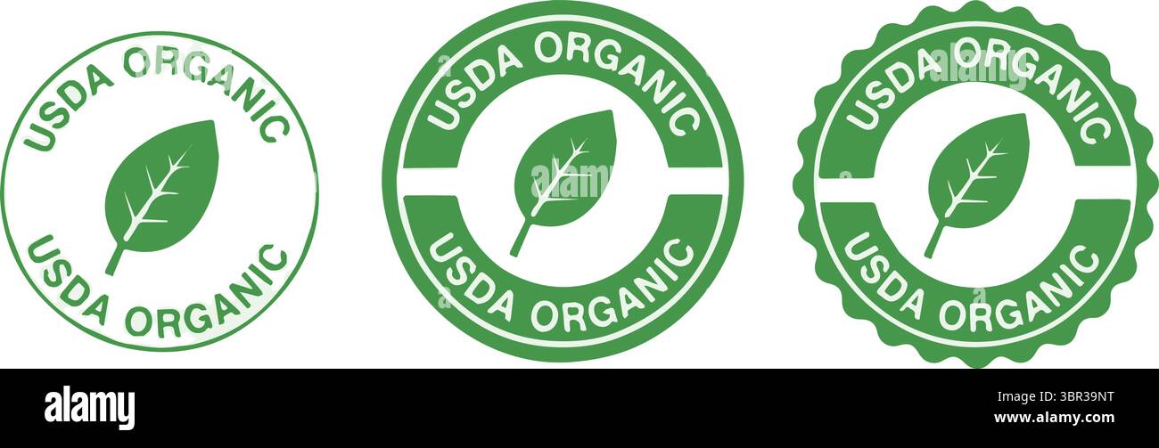 Étiquettes de certification USDA Organic avec conception de feuilles sur fond blanc Illustration de Vecteur