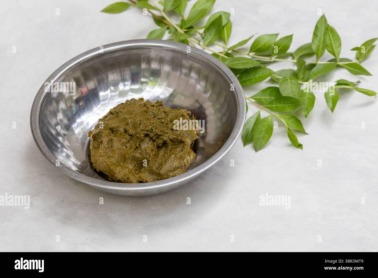Pâte de feuilles de henné vert fraîchement préparée dans un bol en acier, à côté des feuilles crues de Lawsonia inermis. Parfait pour la teinture naturelle des cheveux ou le corps Banque D'Images