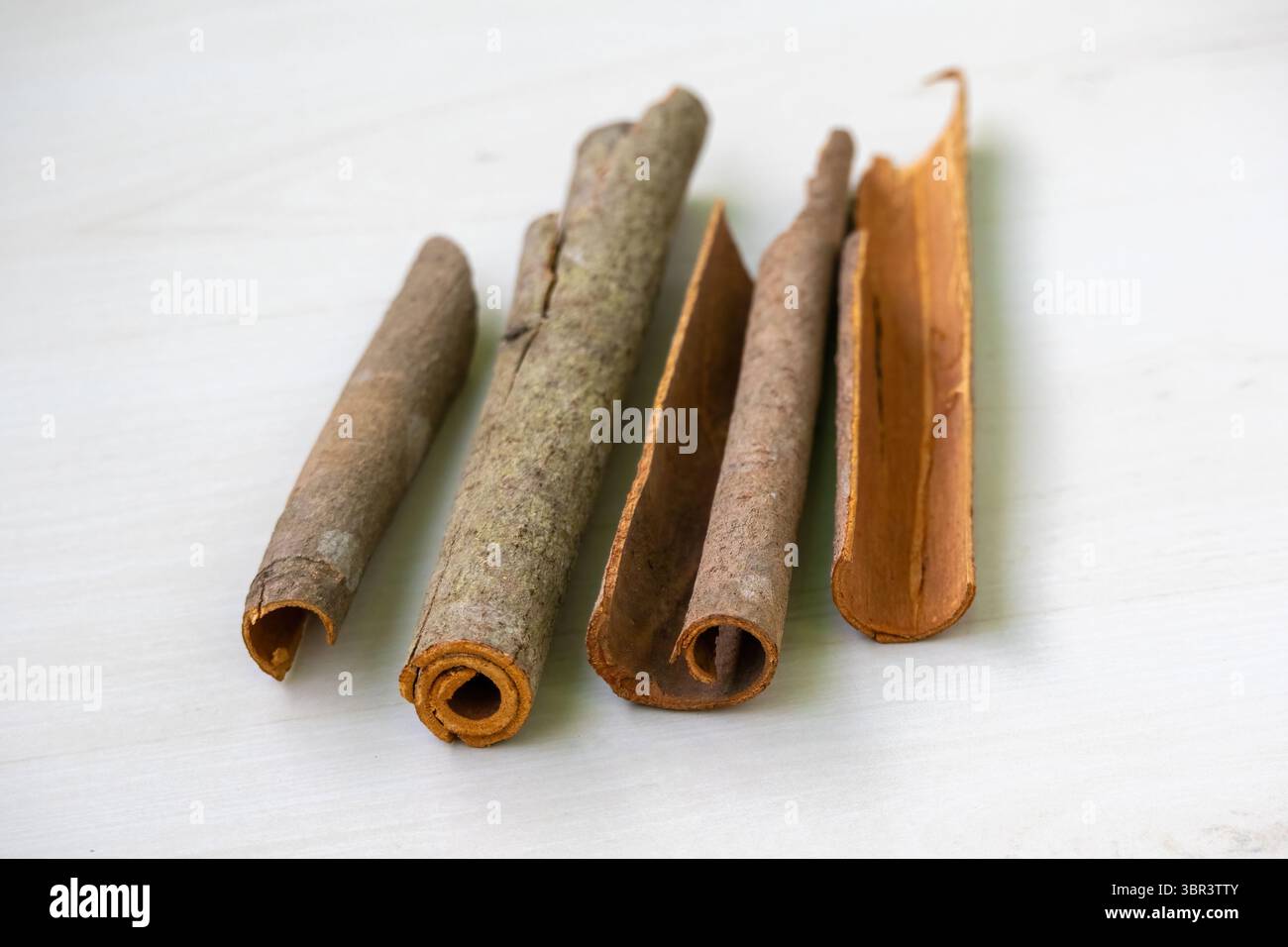Gros plan bâtonnets de cannelle aromatiques, Cinnamomum zeylanicum, disposés sur un fond en bois. Idéal pour les thèmes culinaires, épices et ingrédients sains. Banque D'Images