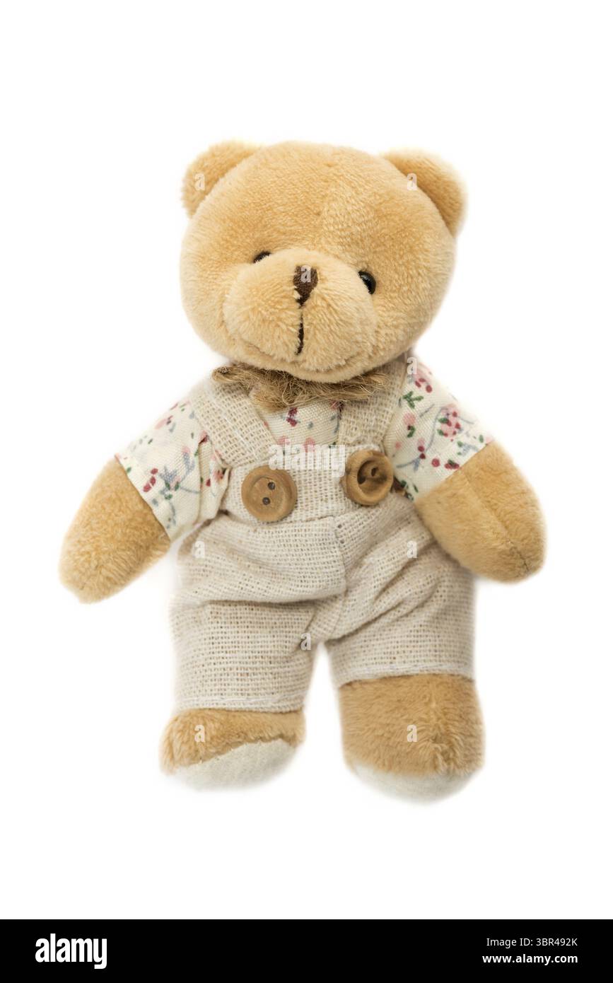 Adorable ours en peluche dans une combinaison et une chemise sur fond blanc Banque D'Images