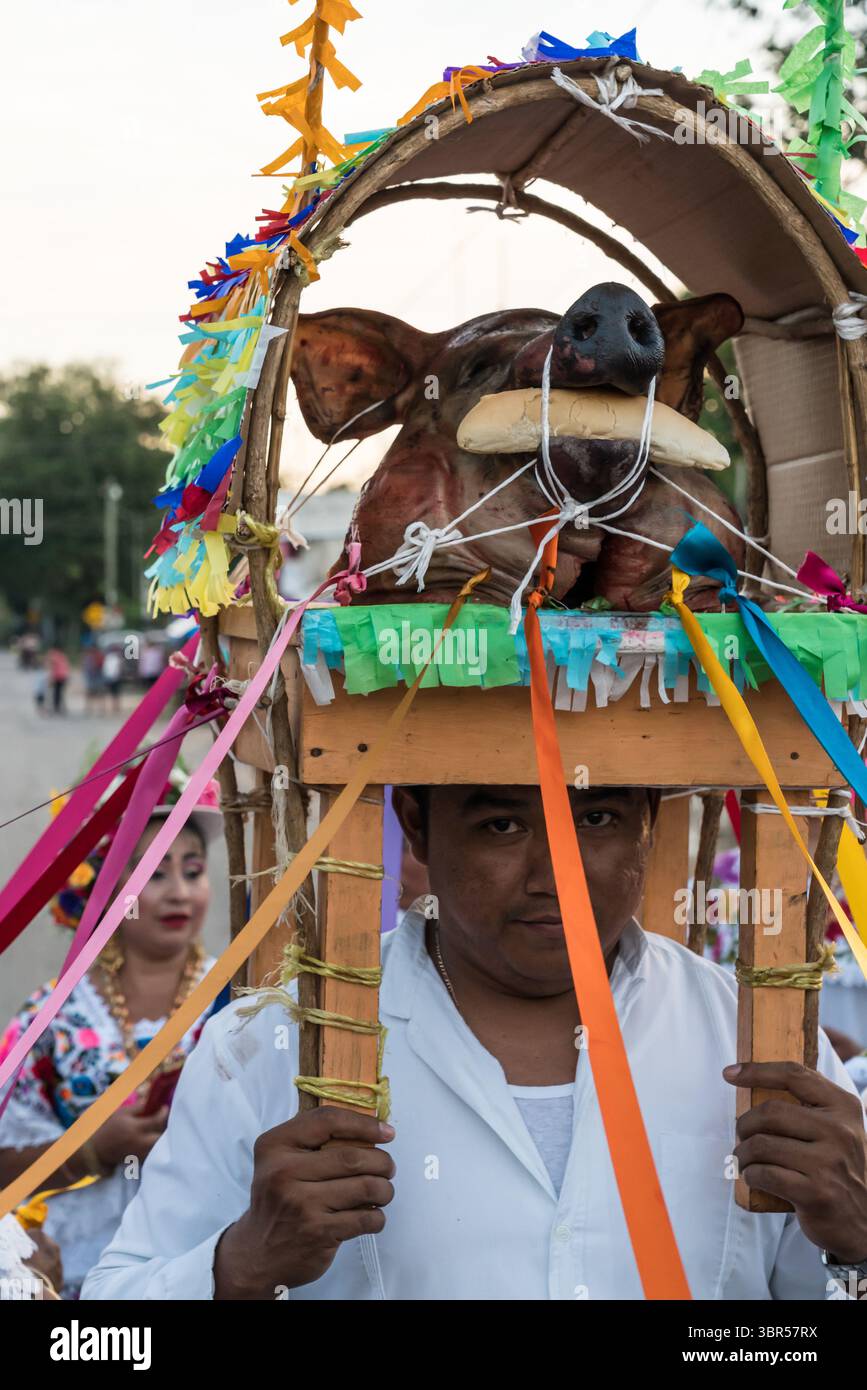 19 janvier 2019, Santa Elena, Yucatan, Mexique : un homme portant la tête du cochon se prépare pour la danse de la tête du cochon et de la dinde, ou Baile de la cabeza del cochino y del pavo à Santa Eleana, Yucatan, Mexique. Cette danse du festival maya n'est exécutée qu'une fois par an. (Crédit image : © Jon G. Fuller/VW pics via ZUMA Wire) Banque D'Images
