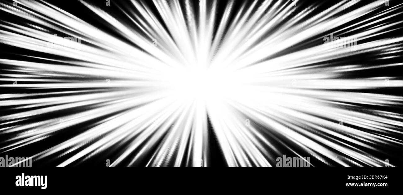 Explosion éclatante. Rayons dynamiques dramatiques pour la bande dessinée, l'action, l'anime, l'espace ou les thèmes cyber, affiches, bannières, promotions de vente. Blanc et noir futuriste Illustration de Vecteur