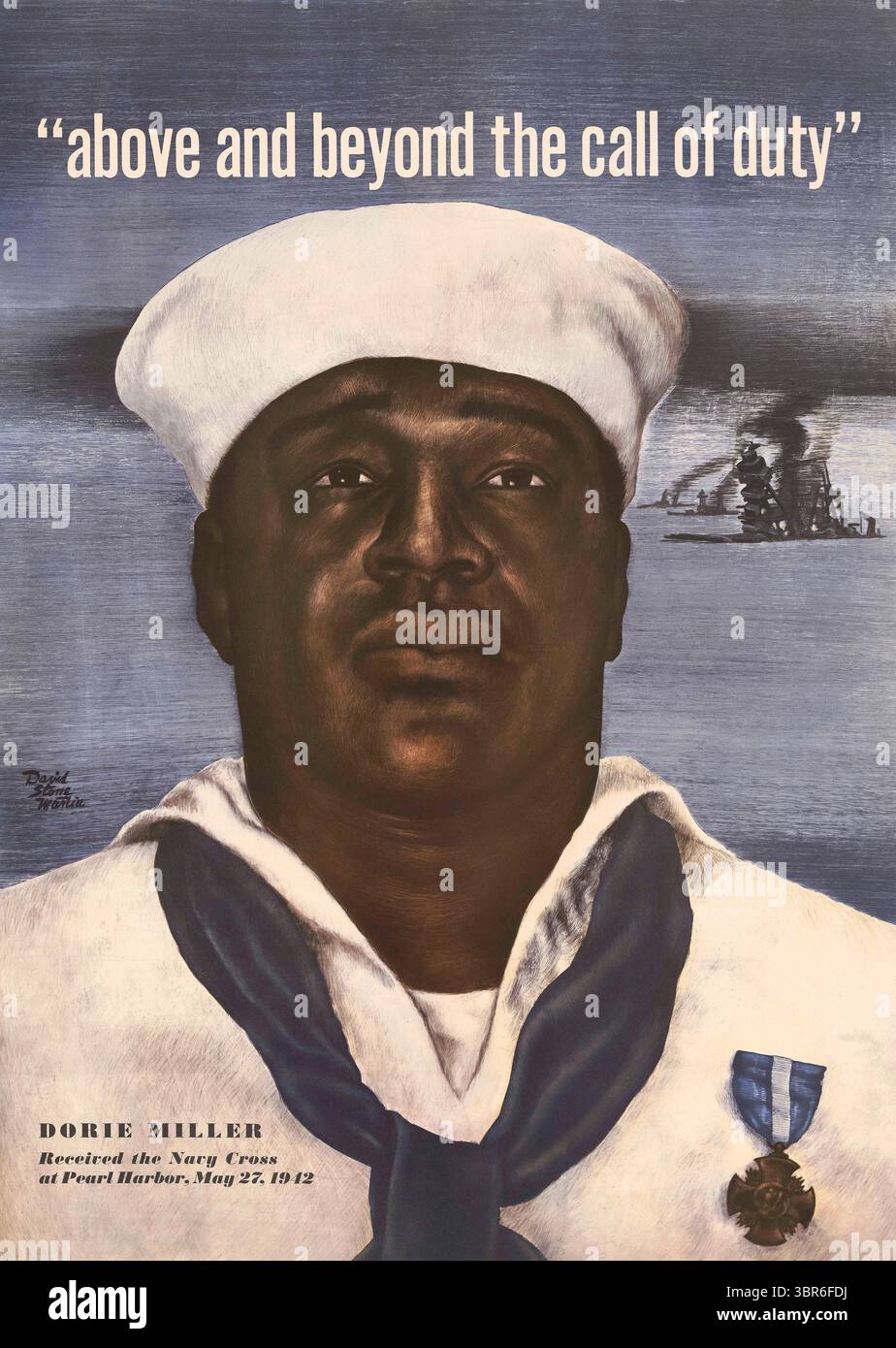28 mai 2020, États-Unis : Above and Beyond the Call of Duty--Dorie Miller a reçu la Croix de la Marine à Pearl Harbor, le 27 mai 1942, affiche, artiste David Stone Martin, U.S. Office of War information, 1943 (crédit image : © JT Vintage/Glasshouse via ZUMA Wire) Banque D'Images