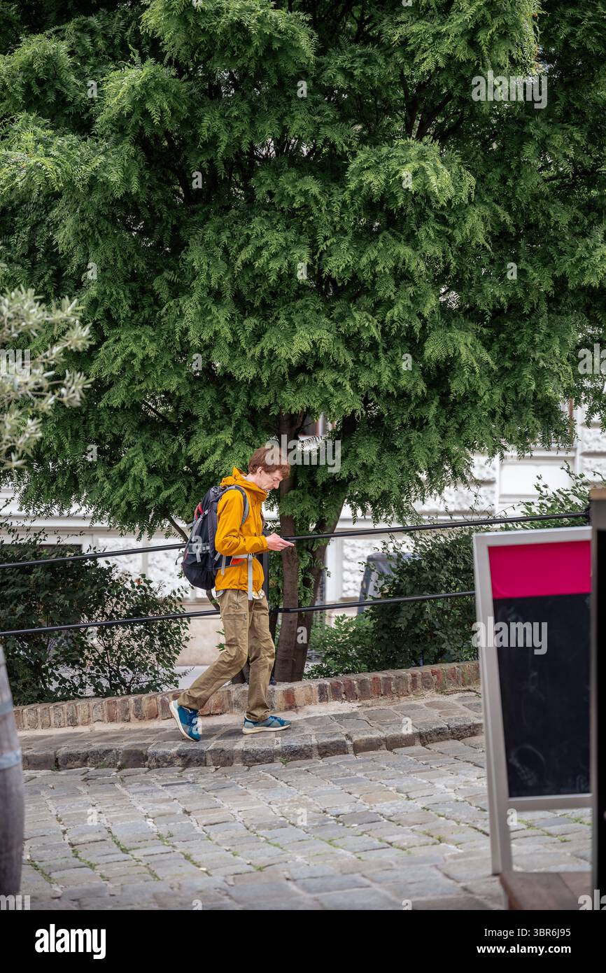Homme marchant sur la rue pavée avec smartphone dans le parc de la ville d'été Banque D'Images