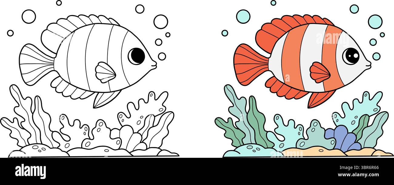 Poisson tropical rayé dans le récif de corail et algues. Dessin de contour et de couleur. Coloriage. Illustration vectorielle. Collection enfants. Pas IA Illustration de Vecteur