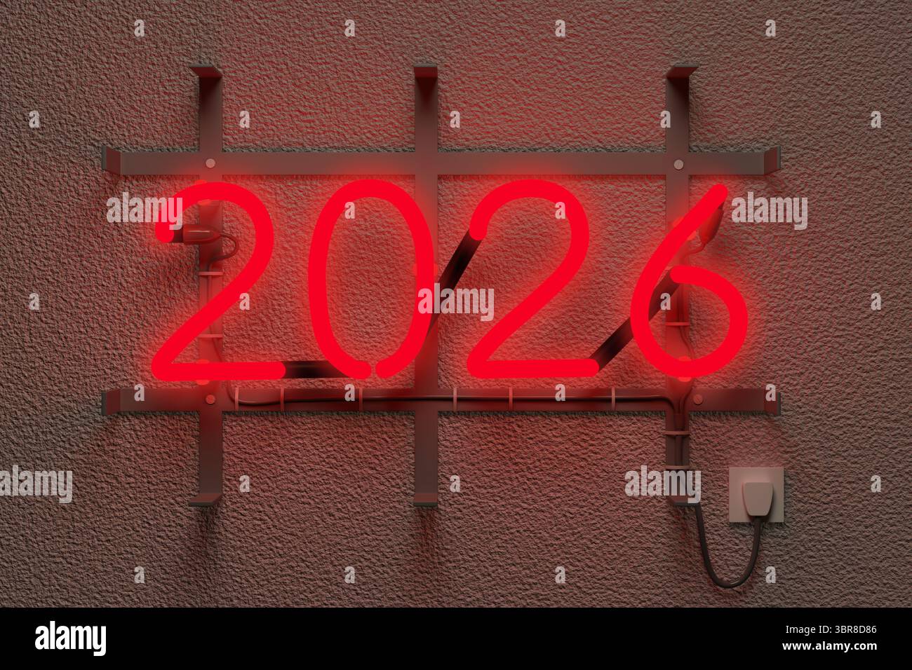 Signe de néon réaliste avec numéro 2026. Concept du nouvel an. illustration 3d. Banque D'Images