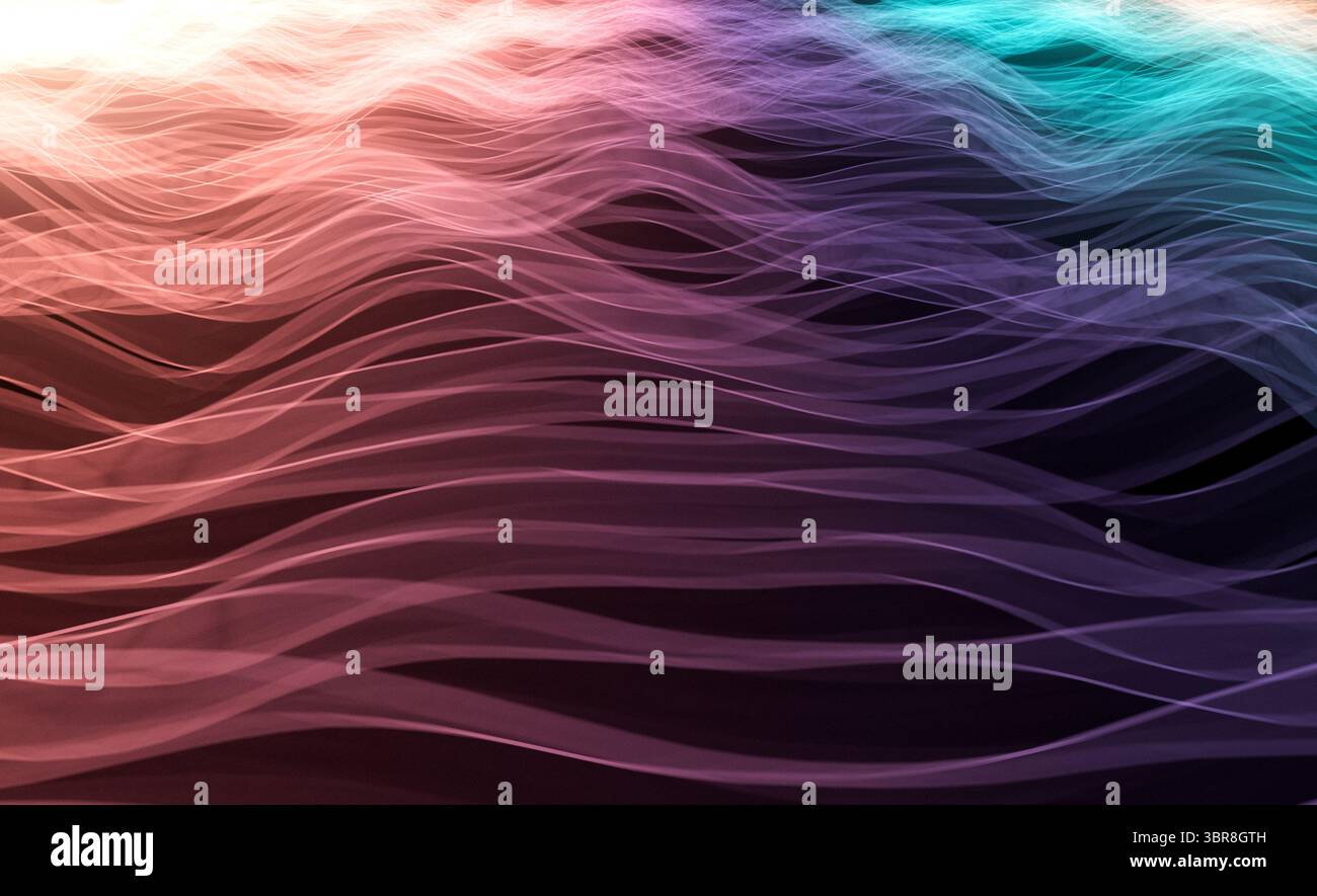 Une vue persepctive d'une série de lignes ondulantes et colorées floues - rendu 3D. Banque D'Images