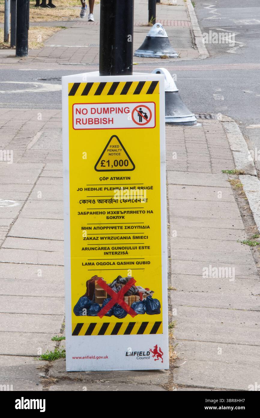 Un panneau jaune « interdiction de vider les déchets » fixé sur un lampadaire, avertissant d'une pénalité fixe de 1 000 £. Un message clair contre le renversement de mouches dans un envi urbain public Banque D'Images