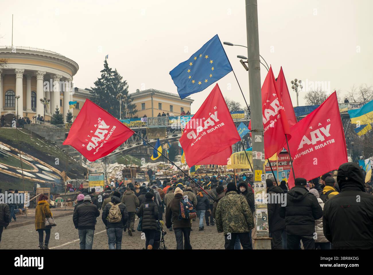 Des foules se rassemblent sur la place Maidan à Kiev, arborant des drapeaux lors d'une manifestation historique. Banque D'Images