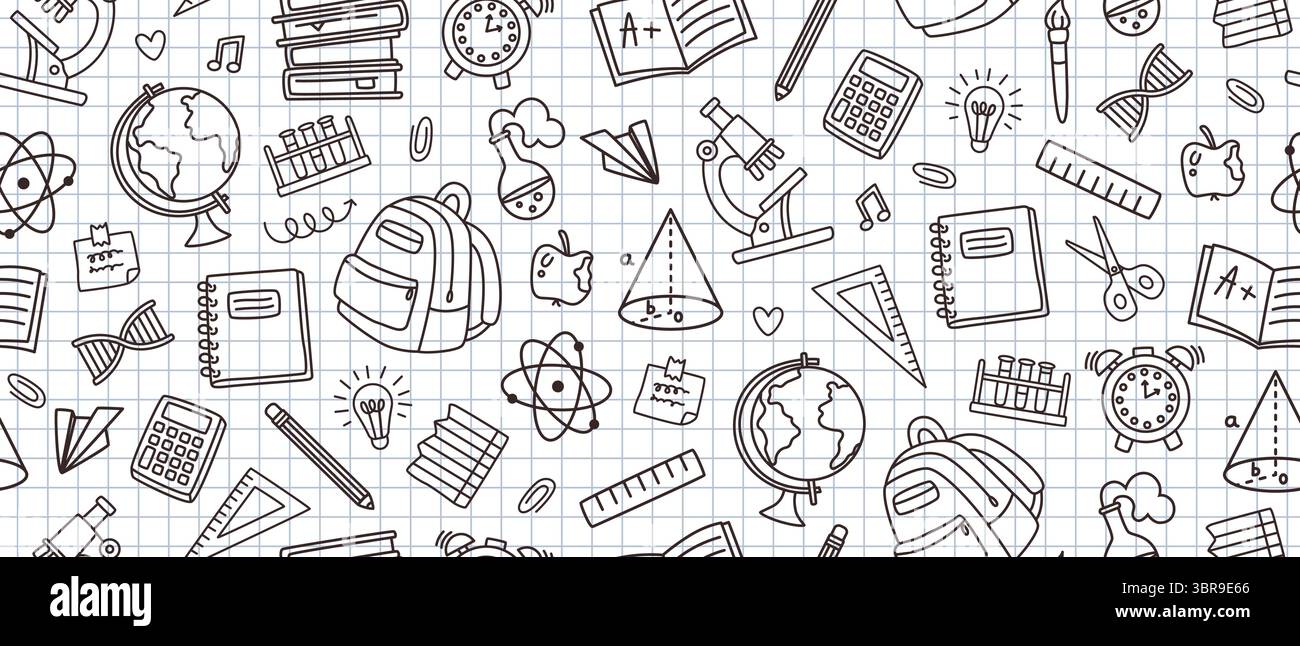Cahier d'école griffonne le motif. Retour à l'école avec des cahiers, sac à dos et globe. Doodle éducatif dessiné à la main sans couture pour la salle de classe Illustration de Vecteur