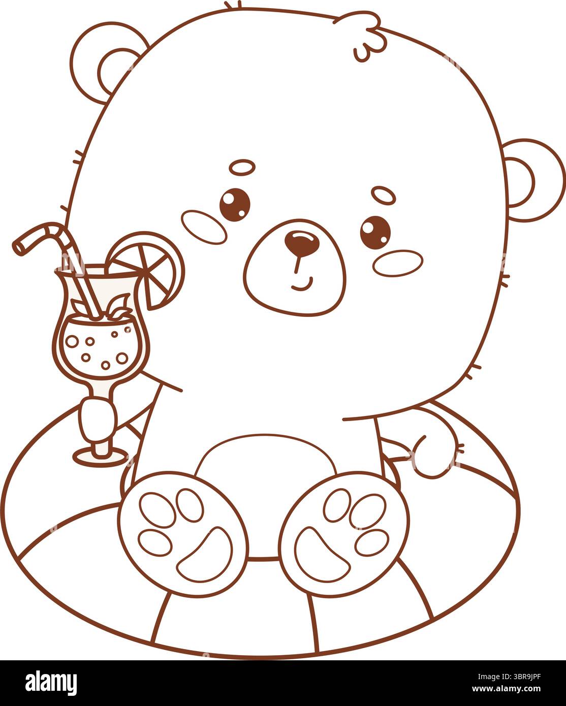 Contour ours mignon dans la détente sur l'anneau de natation avec boisson. Drôle animal dessin animé kawaii vacances de caractère de plage d'été. Illustration vectorielle. Dessin au trait, Illustration de Vecteur