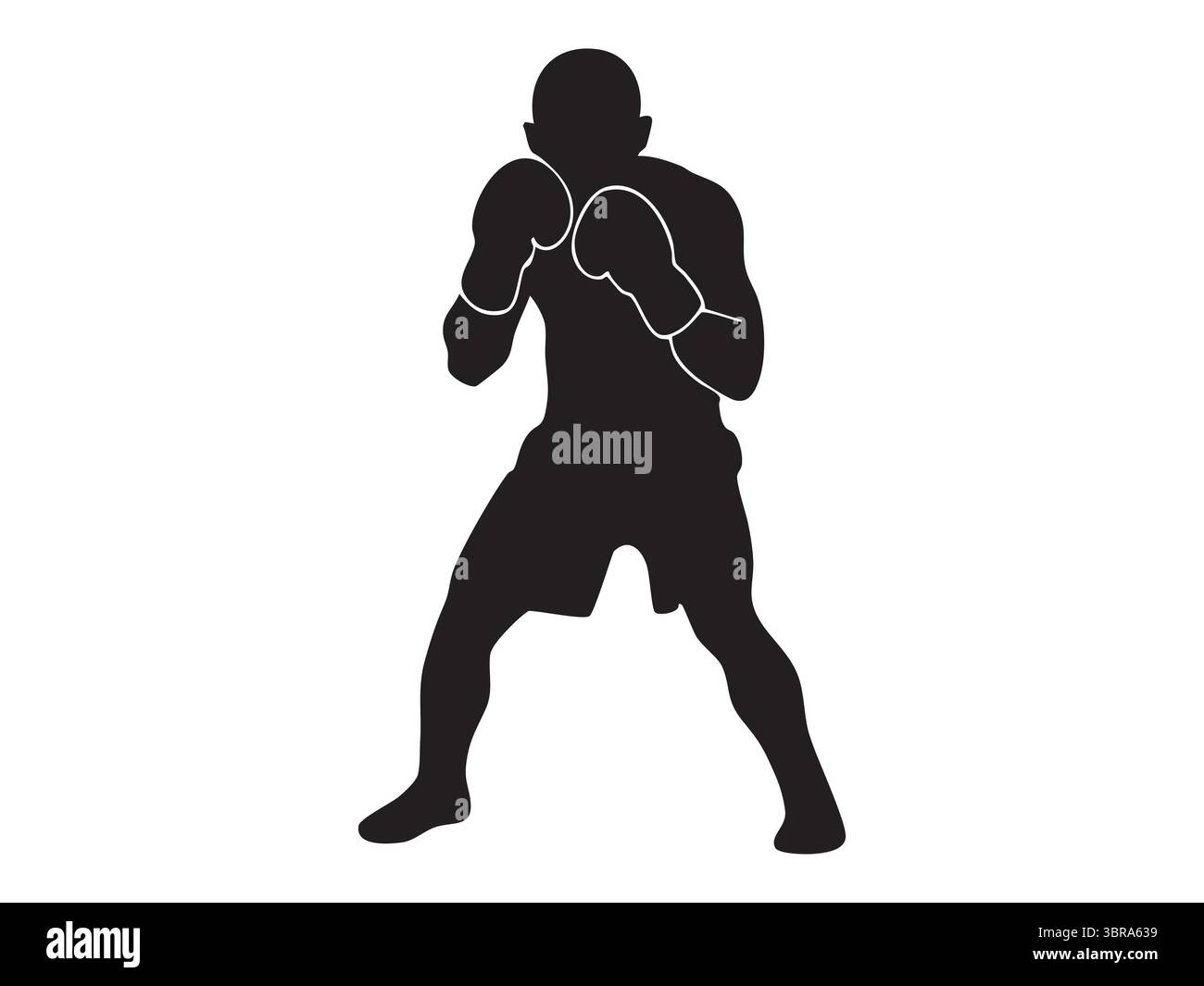 Silhouette noire de boxer en posture de combat, isolé sur fond blanc, illustration graphique. concept de boxe, sport, athlète, entraînement, icône, lo Illustration de Vecteur