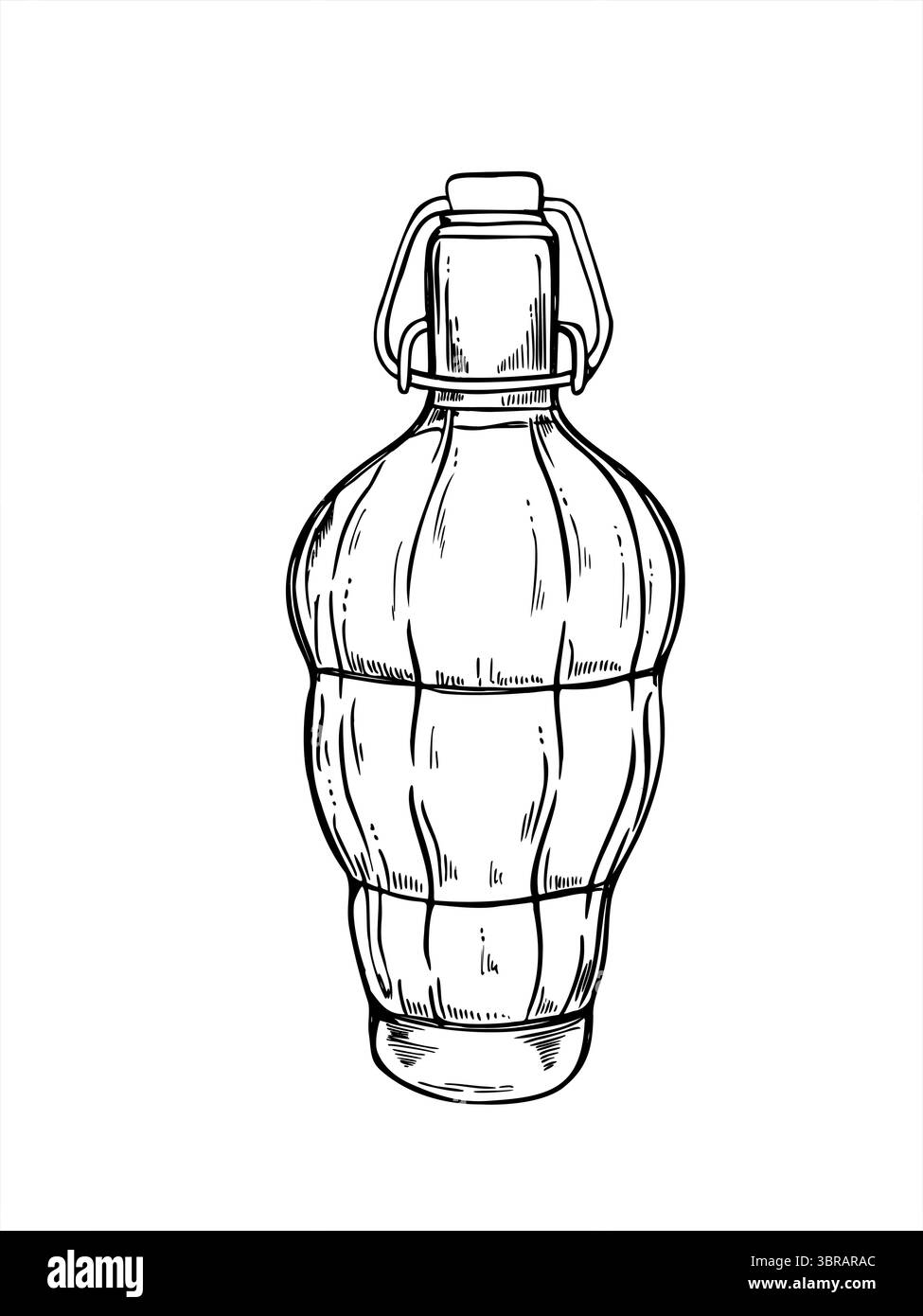 Bouteille nervurée ovale avec fermeture réutilisable rabattable illustration vectorielle monochrome. Dessin de gravure de bouteille en verre avec boisson pour limoncello Illustration de Vecteur