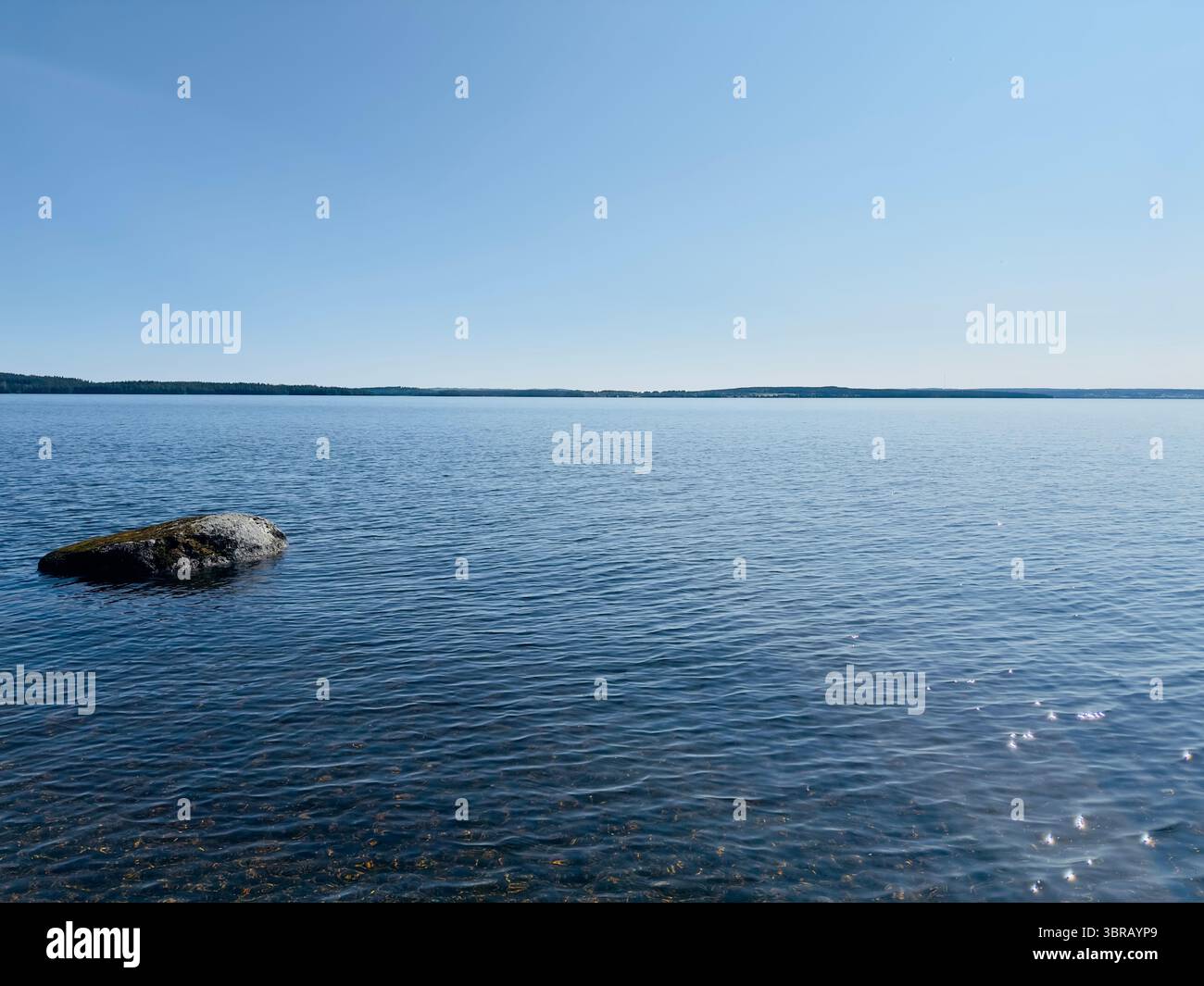 Vue panoramique sur un lac avec un sentier de pierre menant à l'eau. Banque D'Images
