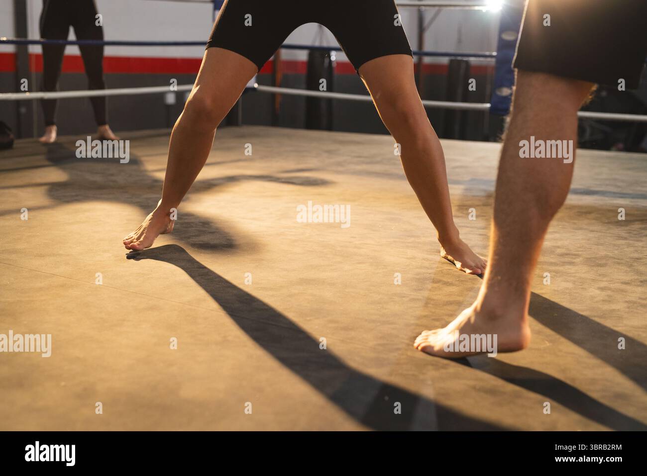 Les partenaires d'entraînement de boxe battent dans un ring de boxe avec des cordes sur toile portant des shorts et des leggings Banque D'Images