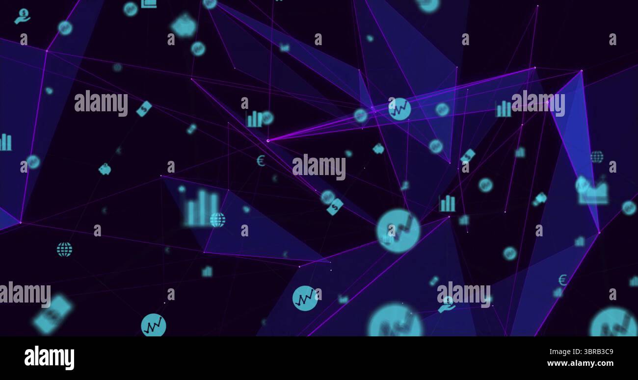 Icônes turquoise flottantes présentant des symboles financiers, des icônes utilisateur et des nœuds de données dans un réseau numérique Banque D'Images