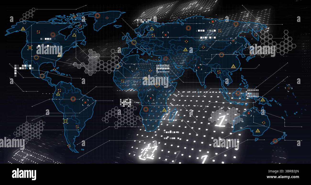 Affichage de la carte du réseau mondial avec matrice de points sur le tableau de bord, montrant les groupes hexagonaux et les avertissements Banque D'Images